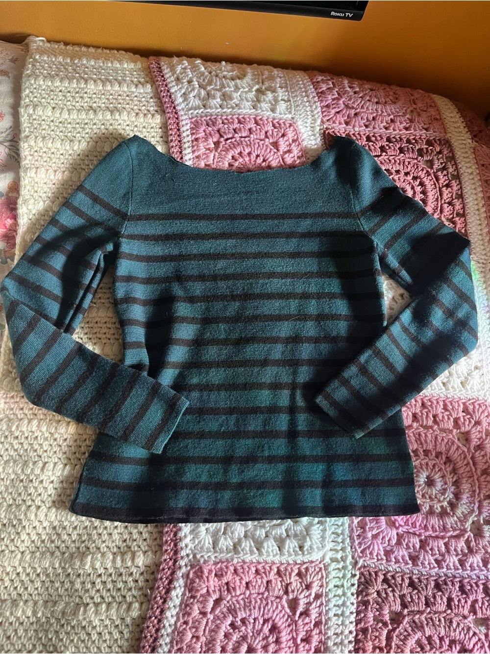 Off-the-Shoulder Striped Sweater in Teal and Black
